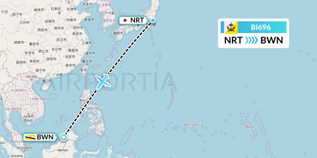 BI696 Royal Brunei Airlines Flight Map: Tokyo to Brunei