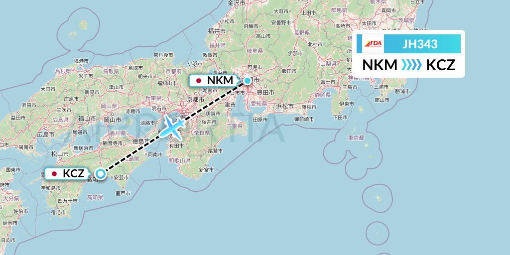 JH343 Fuji Dream Airlines Flight Map: Nagoya to Nankoku