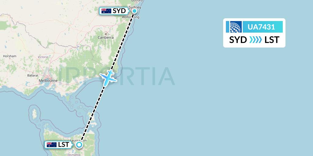 UA7431 United Airlines Flight Map: Sydney to Launceston