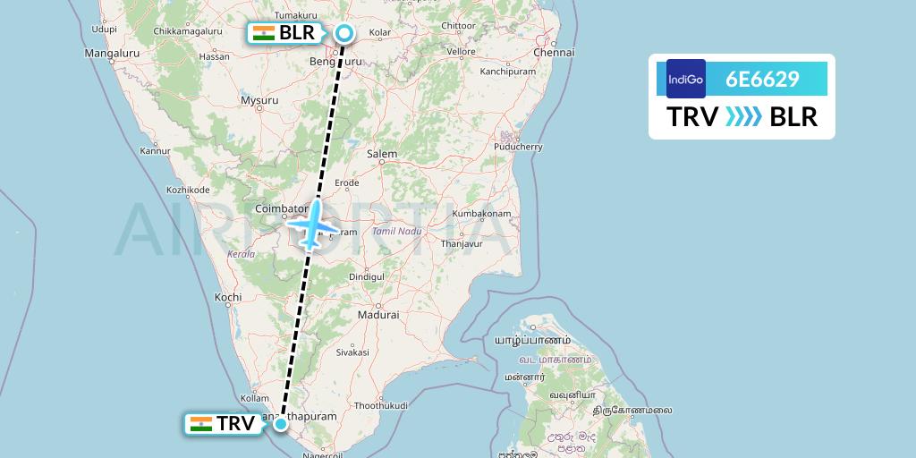 6E6629 IndiGo Airlines Flight Map: Thiruvananthapuram to Bangalore