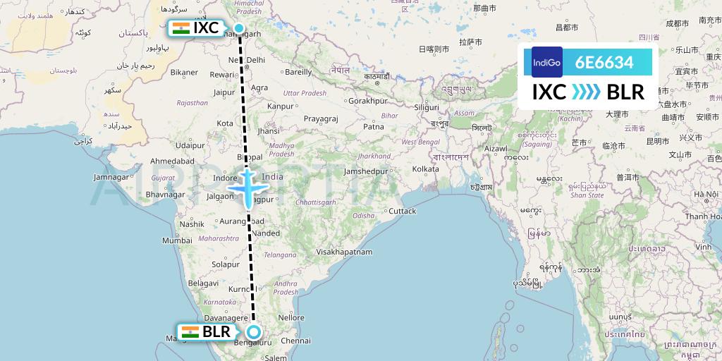 6E6634 IndiGo Airlines Flight Map: Chandigarh to Bangalore