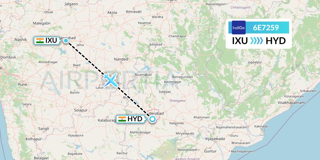 6E7259 IndiGo Airlines Flight Map: Aurangabad to Hyderabad