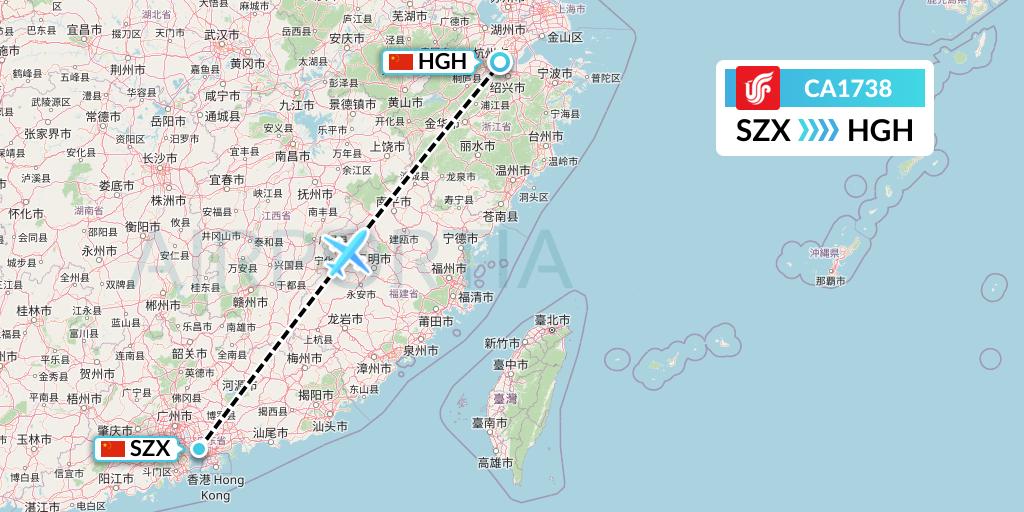 CA1738 Air China Flight Map: Shenzhen to Hangzhou