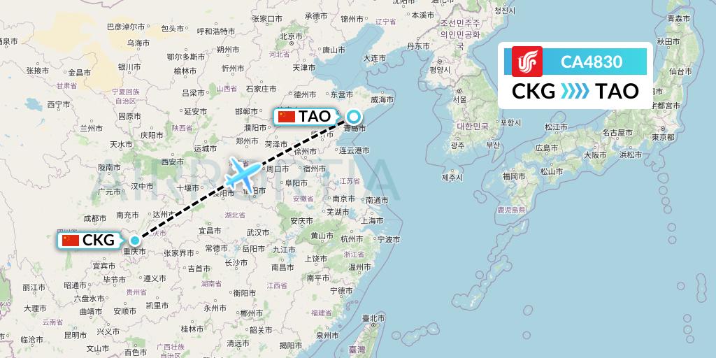 CA4830 Air China Flight Map: Chongqing to Qingdao