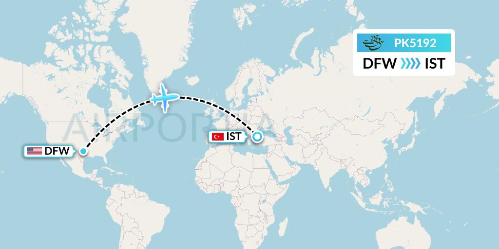 PK5192 Pakistan International Airlines Flight Map: Dallas to Istanbul