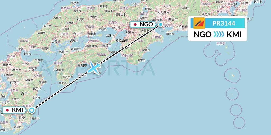 PR3144 Philippine Airlines Flight Map: Nagoya to Miyazaki
