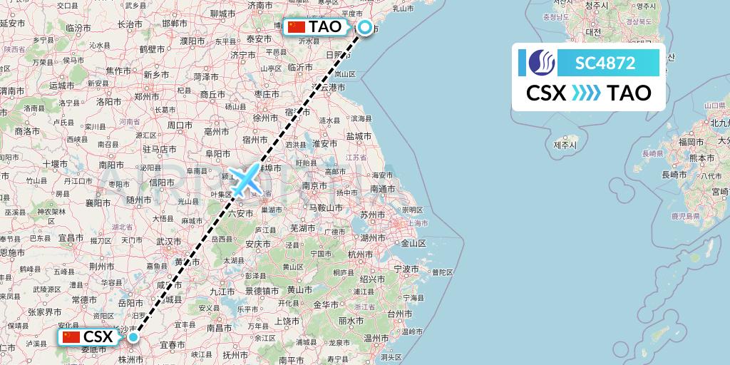 SC4872 Shandong Airlines Flight Map: Changsha to Qingdao