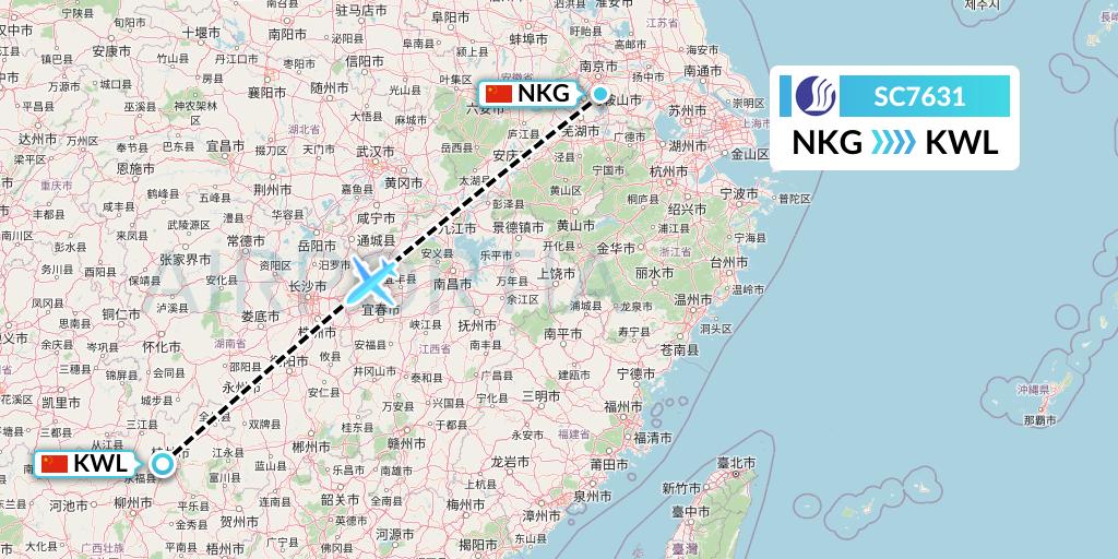 SC7631 Shandong Airlines Flight Map: Nanjing to Guilin