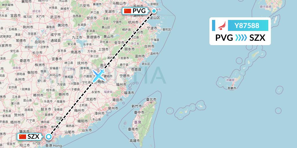 Y87588 Yangtze River Express Flight Map: Shanghai to Shenzhen