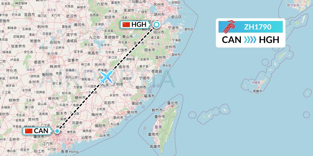 ZH1790 Shenzhen Airlines Flight Map: Guangzhou to Hangzhou