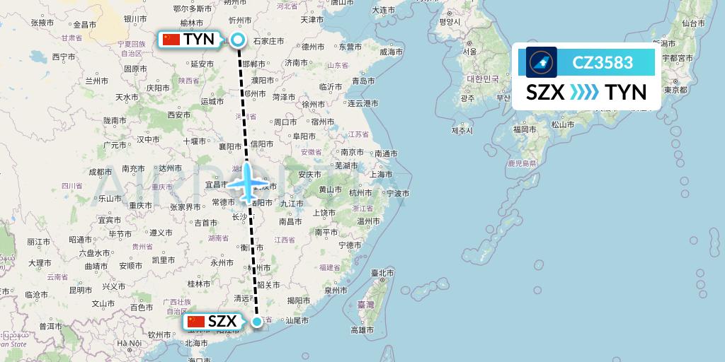 CZ3583 China Southern Airlines Flight Map: Shenzhen to Taiyuan