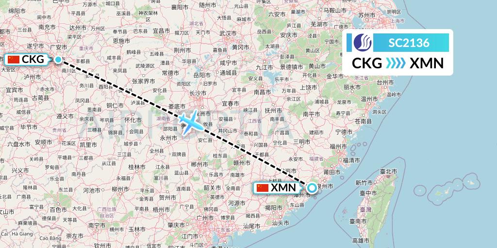 SC2136 Shandong Airlines Flight Map: Chongqing to Xiamen
