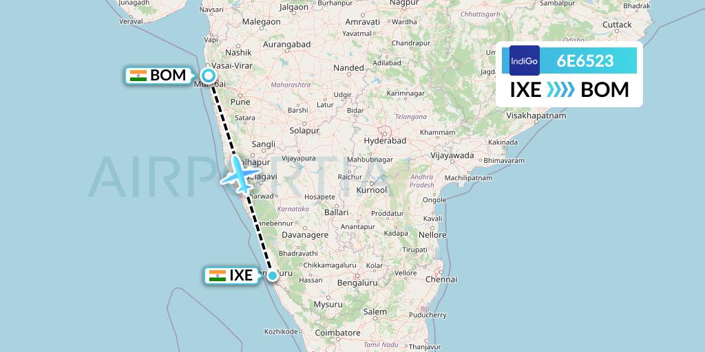 6E6523 IndiGo Airlines Flight Map: Mangalore to Mumbai
