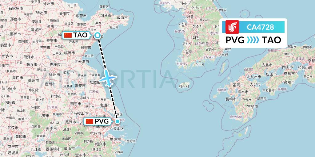 CA4728 Air China Flight Map: Shanghai to Qingdao
