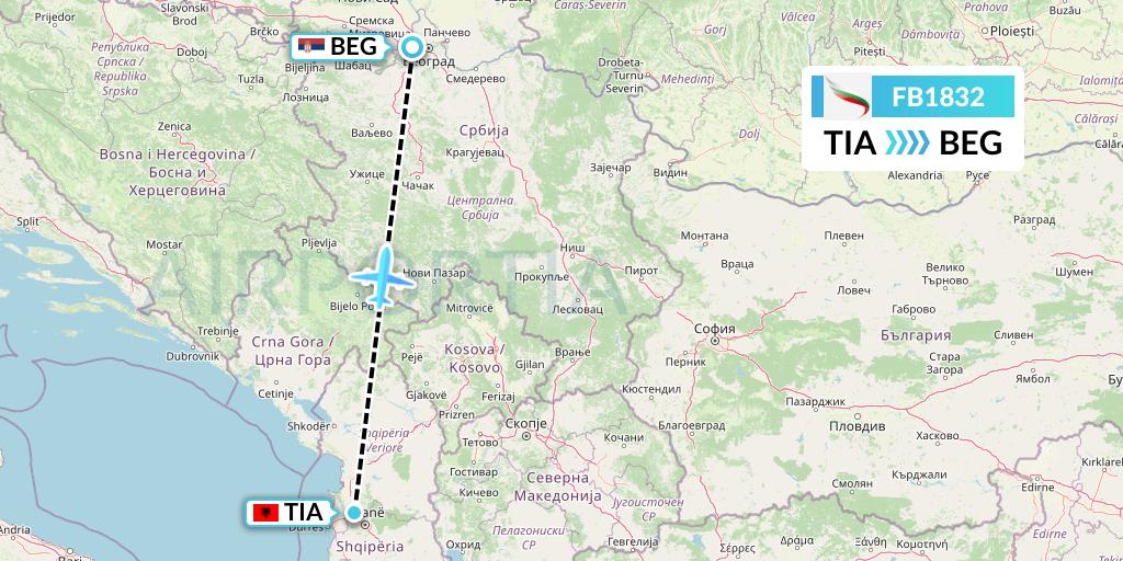 FB1832 Bulgaria Air Flight Map: Tirana to Belgrade