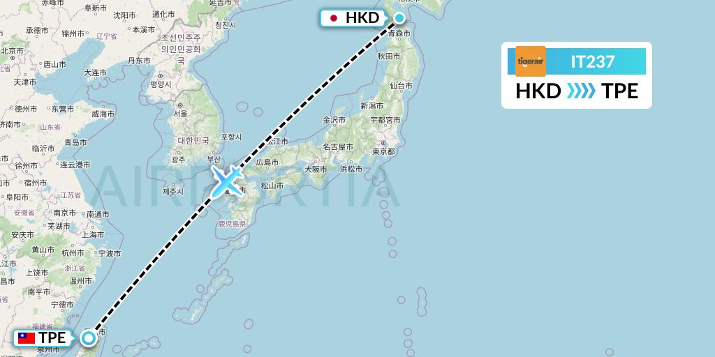 IT237 Tigerair Taiwan Flight Map: Hakodate to Taipei