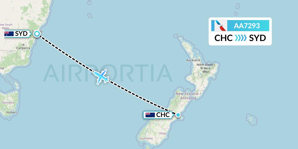 AA7293 American Airlines Flight Map: Christchurch to Sydney