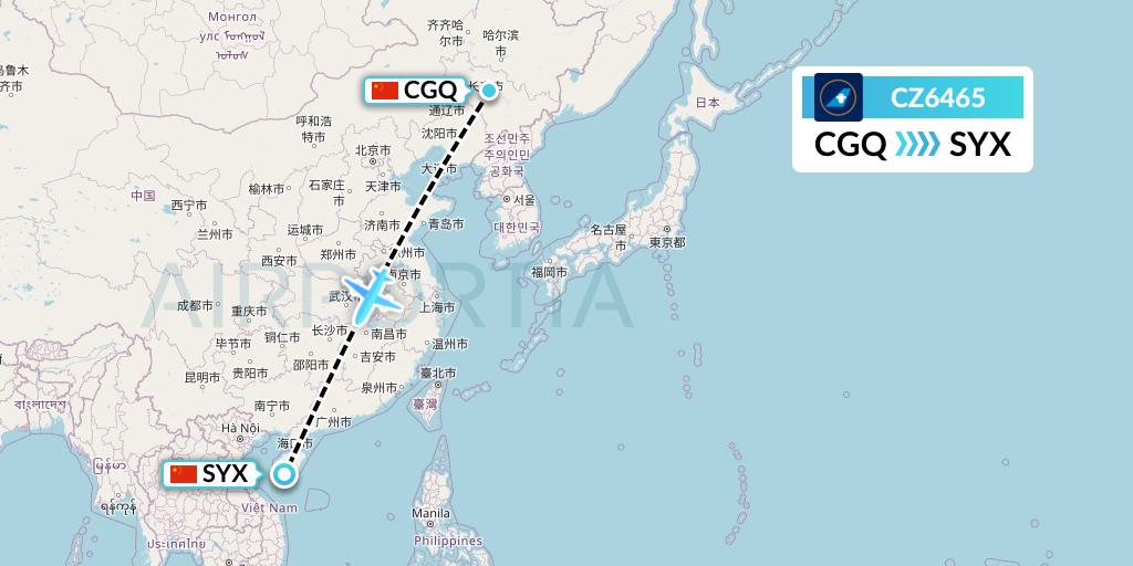 CZ6465 China Southern Airlines Flight Map: Changchun to Sanya