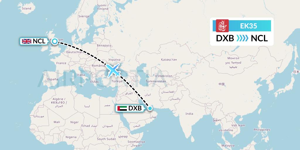 EK35 Emirates Flight Map: Dubai to Newcastle