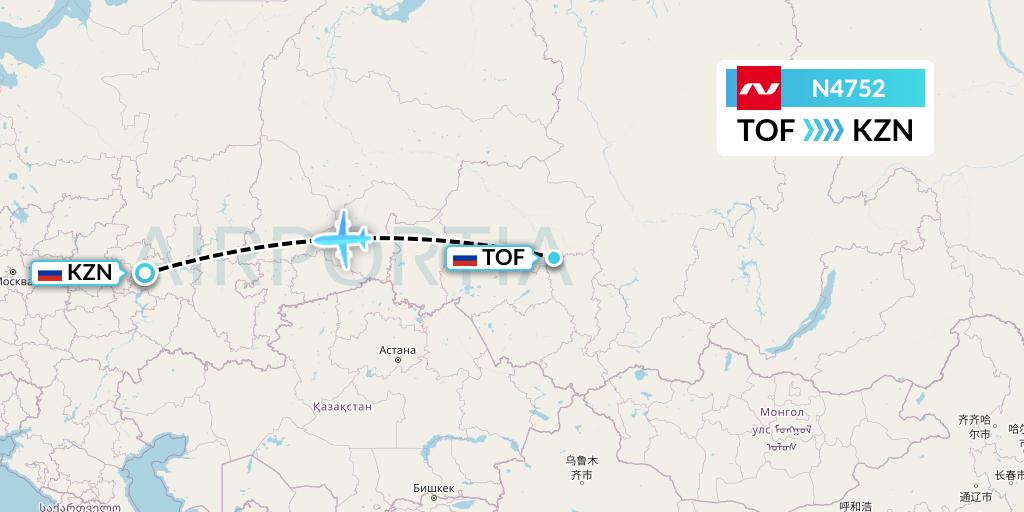 N4752 Nordwind Airlines Flight Map: Tomsk to Kazan
