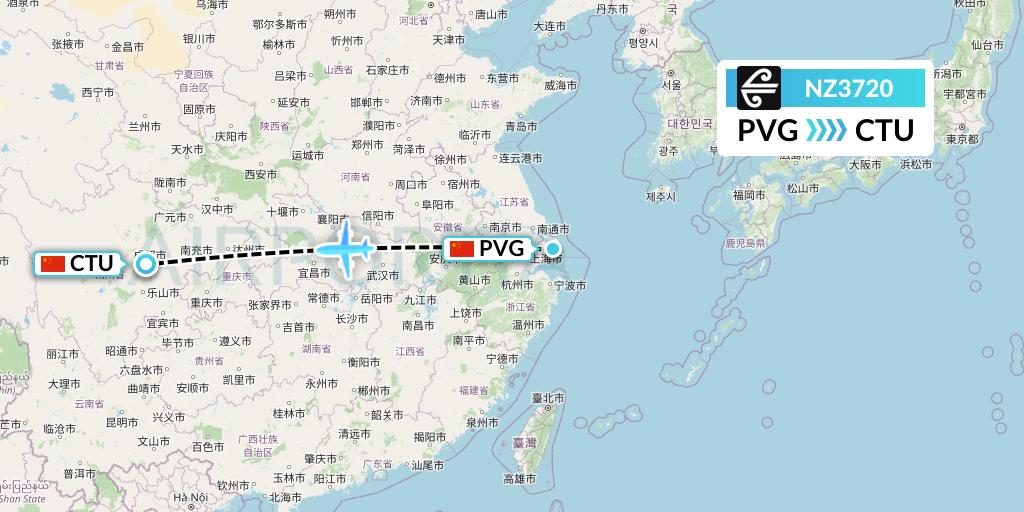 NZ3720 Air New Zealand Flight Map: Shanghai to Chengdu