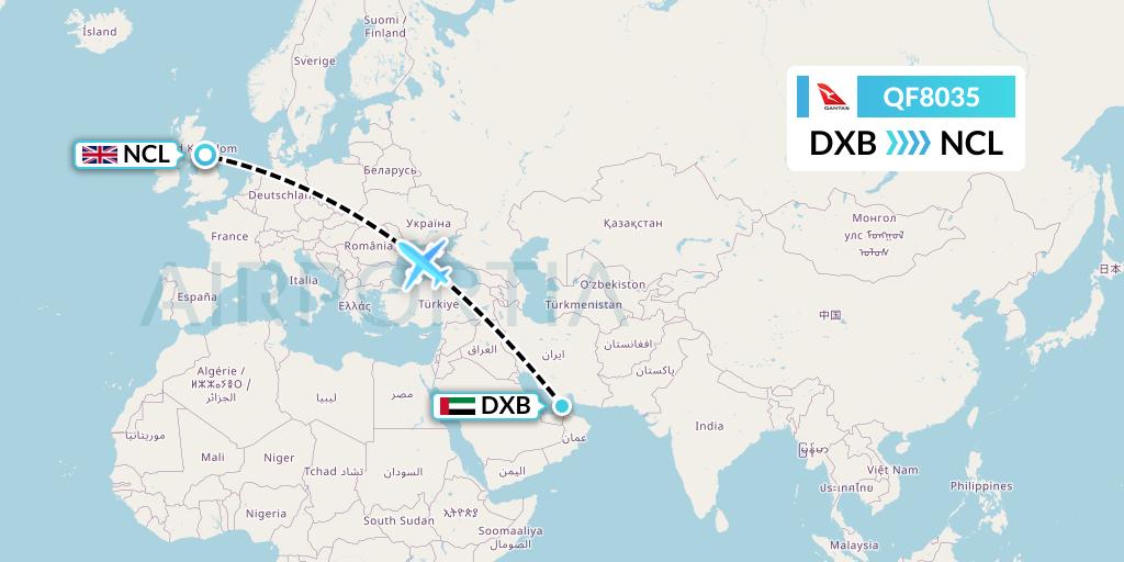 QF8035 Qantas Flight Map: Dubai to Newcastle