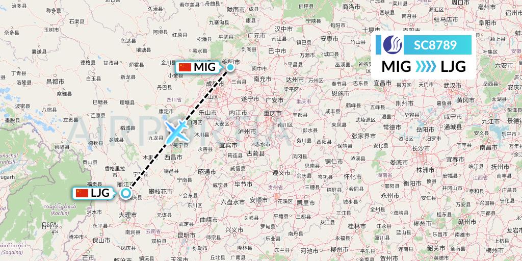 SC8789 Shandong Airlines Flight Map: Mianyang to Lijiang