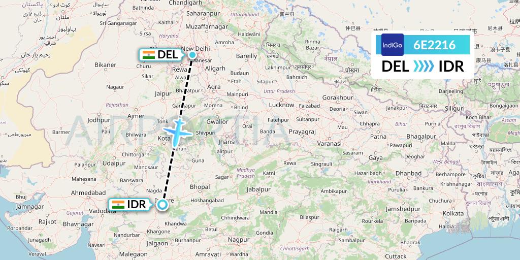 6E2216 IndiGo Airlines Flight Map: Delhi to Indore