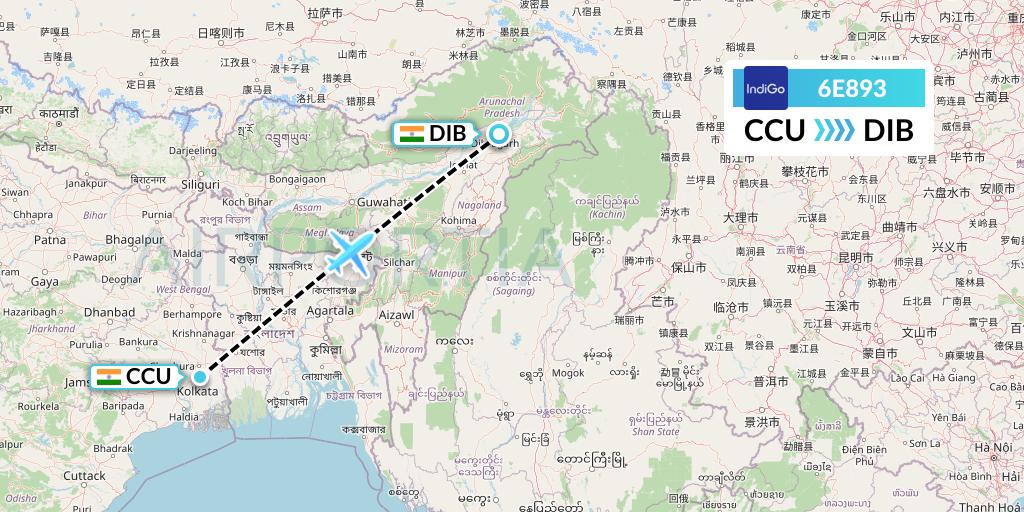 6E893 IndiGo Airlines Flight Map: Kolkata to Dibrugarh