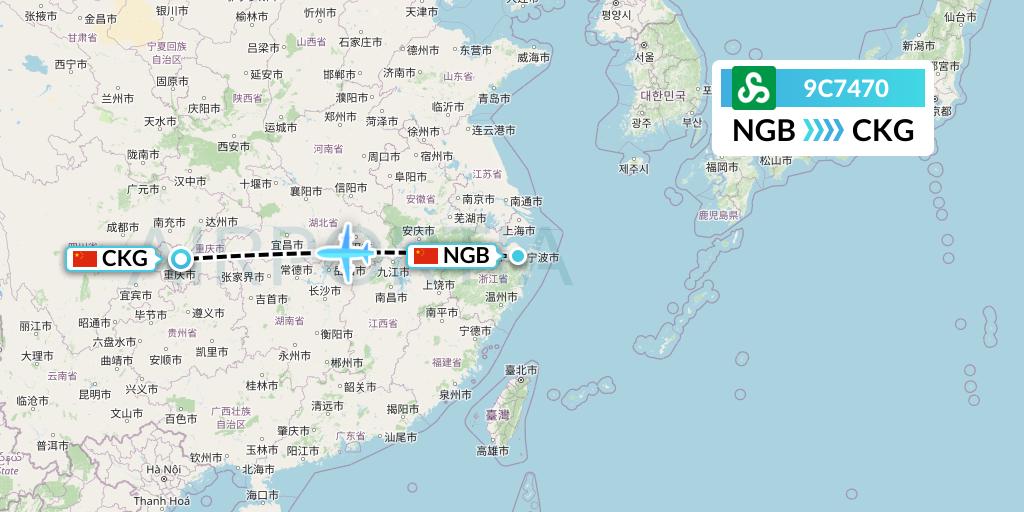 9C7470 Spring Airlines Flight Map: Ningbo to Chongqing