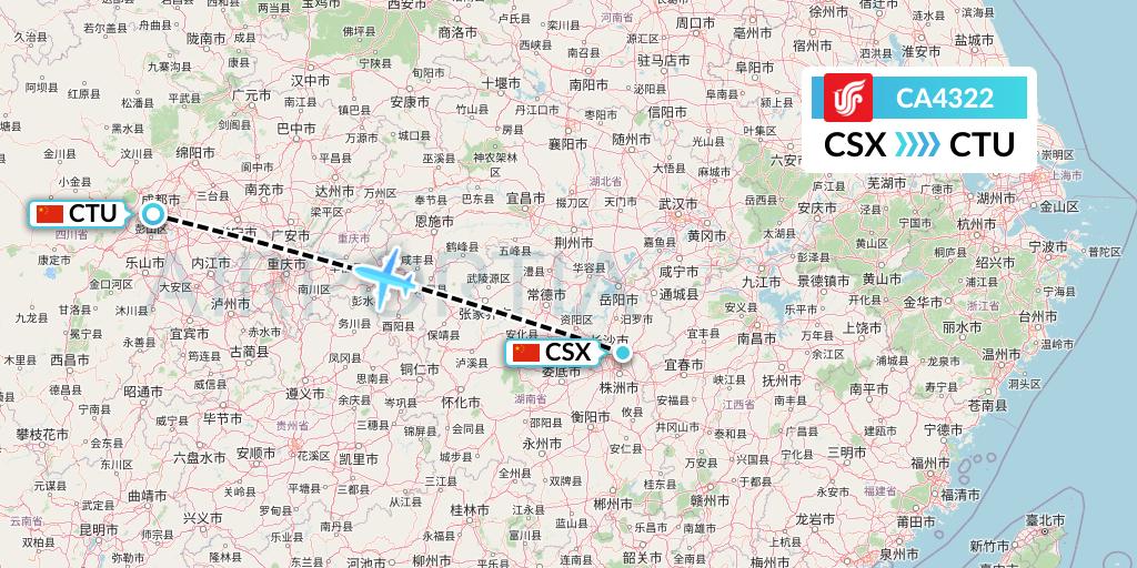 CA4322 Air China Flight Map: Changsha to Chengdu