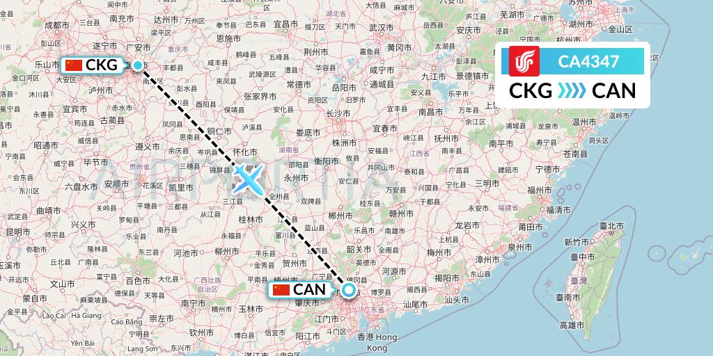 CA4347 Air China Flight Map: Chongqing to Guangzhou