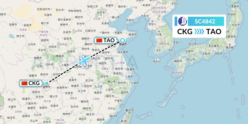 SC4842 Shandong Airlines Flight Map: Chongqing to Qingdao