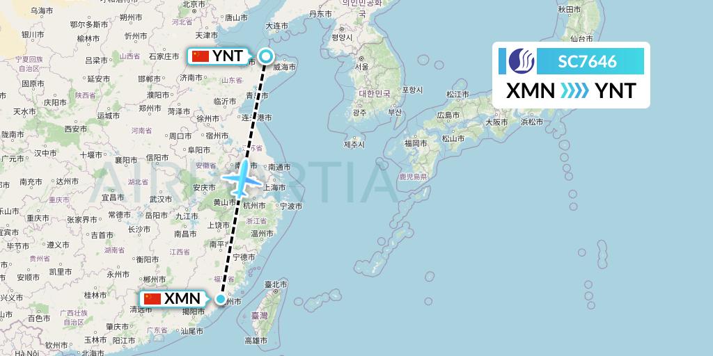 SC7646 Shandong Airlines Flight Map: Xiamen to Yantai