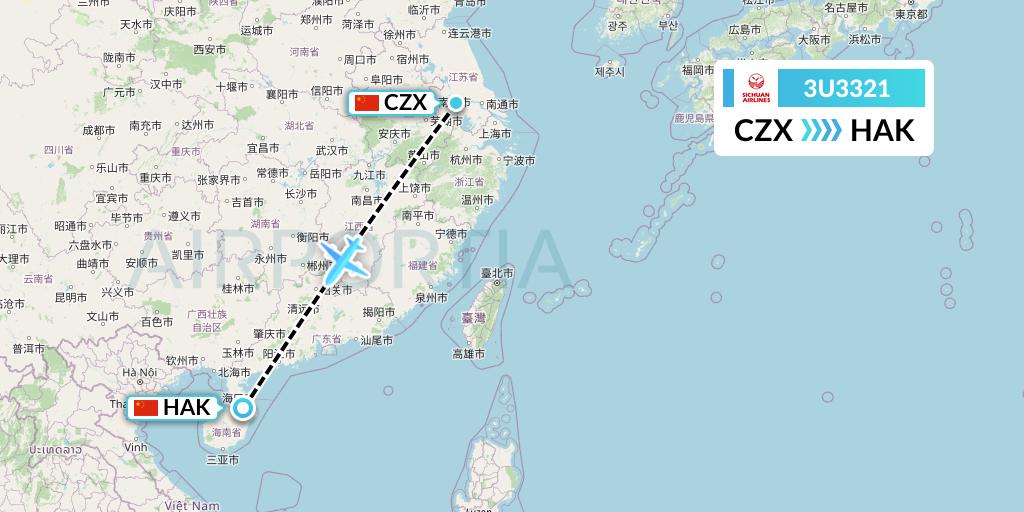 3U3321 Sichuan Airlines Flight Map: Changzhou to Haikou
