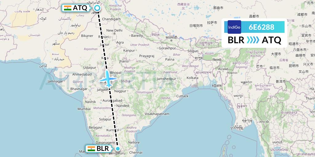 6E6288 IndiGo Airlines Flight Map: Bangalore to Amritsar