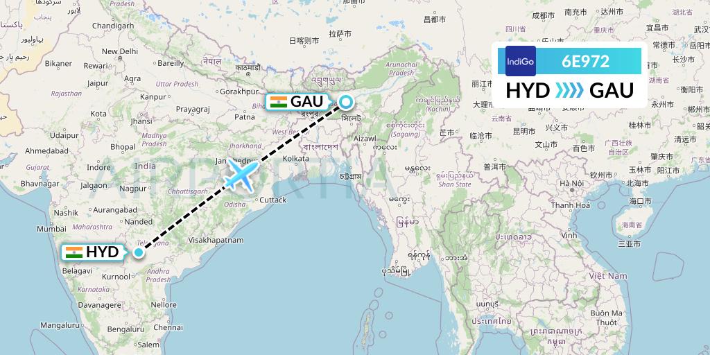 6E972 IndiGo Airlines Flight Map: Hyderabad to Guwahati