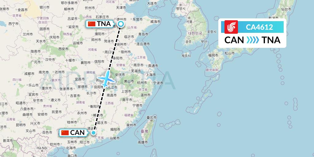 CA4612 Air China Flight Map: Guangzhou to Jinan