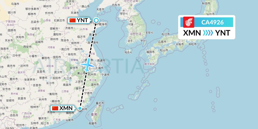 CA4926 Air China Flight Map: Xiamen to Yantai