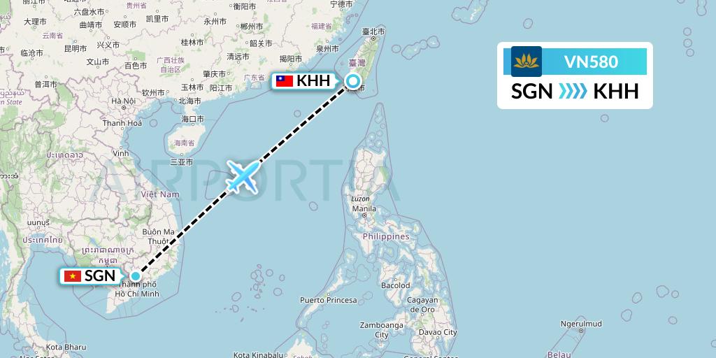 VN580 Vietnam Airlines Flight Map: Ho Chi Minh City to Kaohsiung