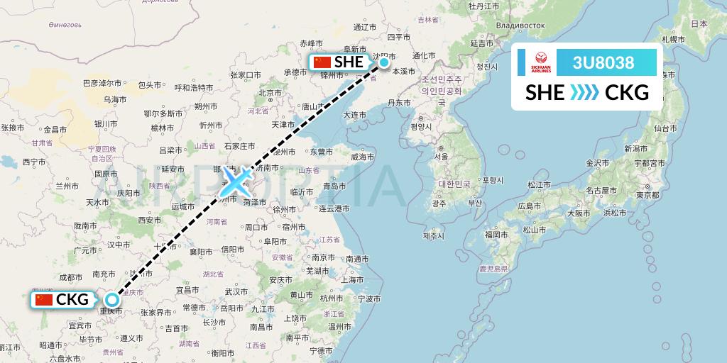 3U8038 Sichuan Airlines Flight Map: Shenyang to Chongqing