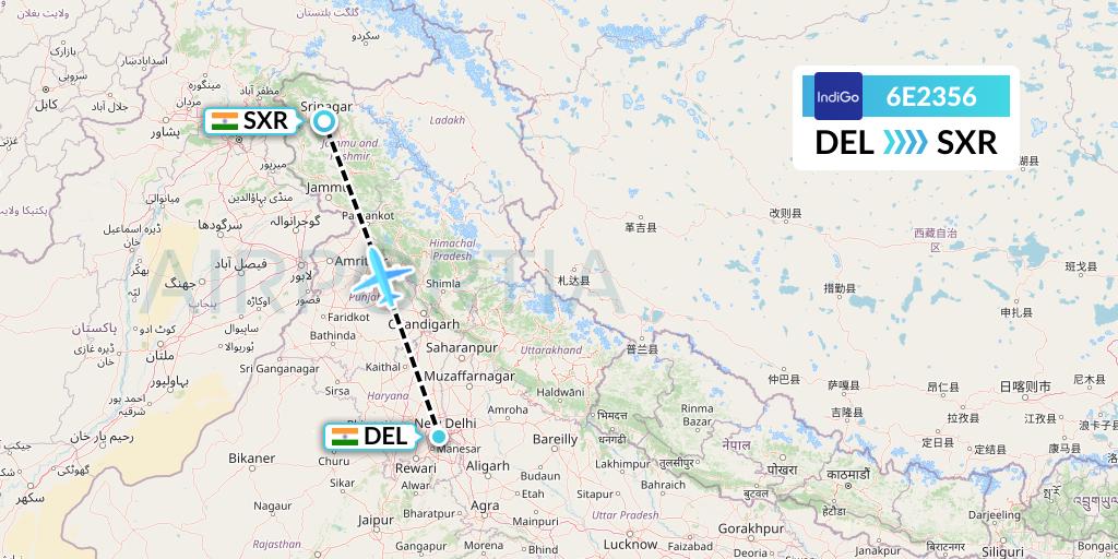 6E2356 IndiGo Airlines Flight Map: Delhi to Srinagar