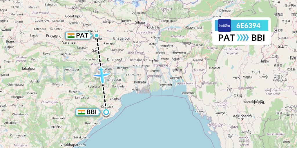6E6394 IndiGo Airlines Flight Map: Patna to Bhubaneswar