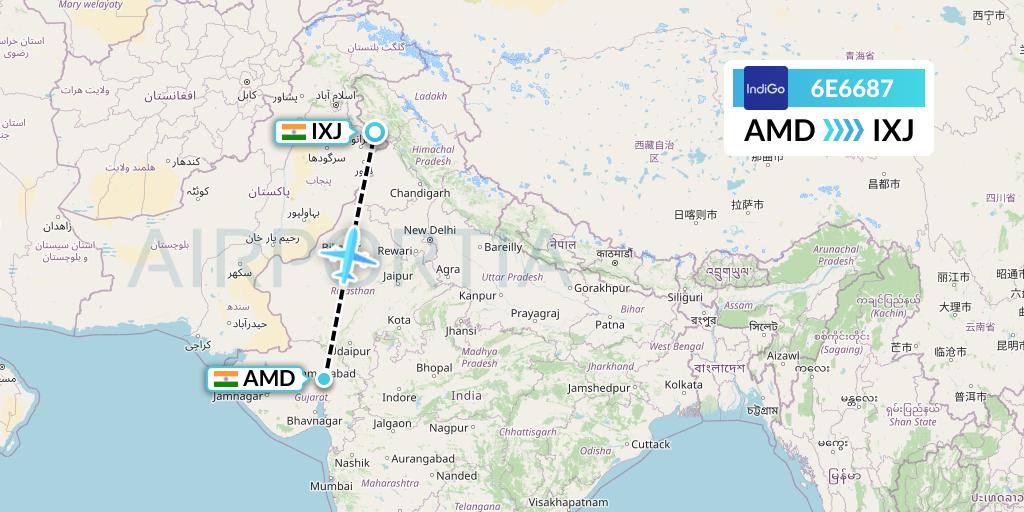 6E6687 IndiGo Airlines Flight Map: Ahmedabad to Jammu