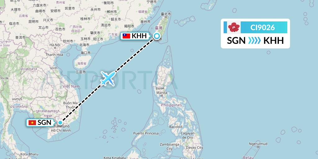 CI9026 China Airlines Flight Map: Ho Chi Minh City to Kaohsiung