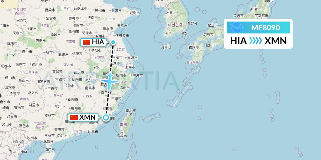 MF8090 Xiamen Airlines Flight Map: Huai'an to Xiamen