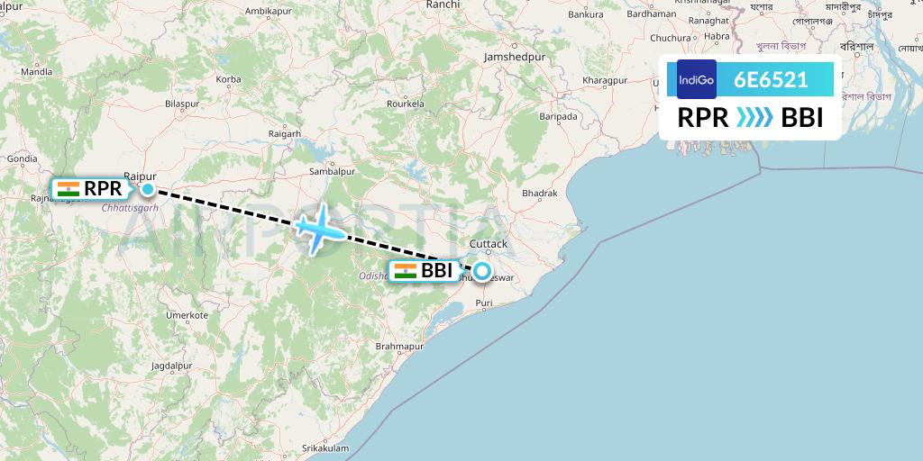 6E6521 IndiGo Airlines Flight Map: Raipur to Bhubaneswar