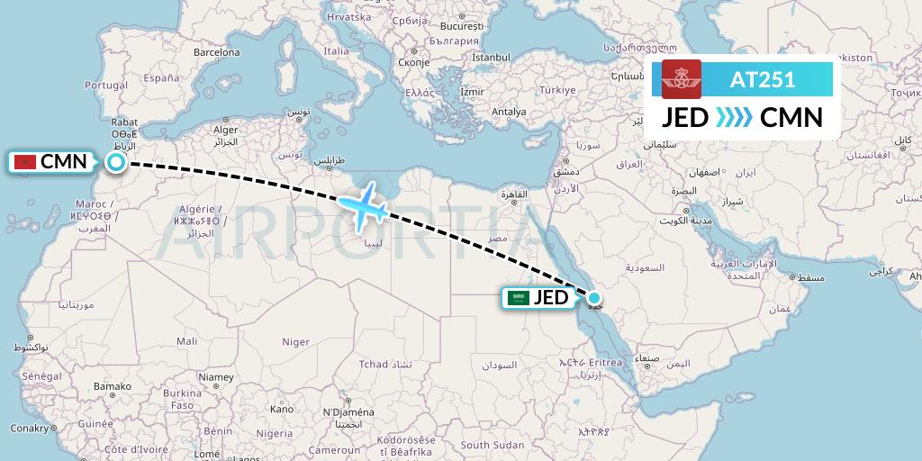 AT251 Royal Air Maroc Flight Map: Jeddah to Casablanca