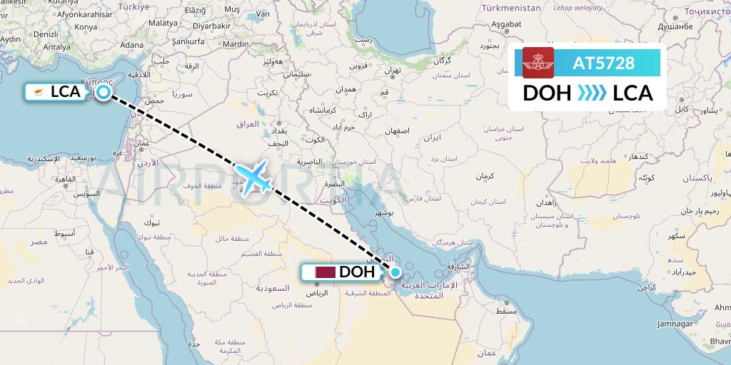 AT5728 Royal Air Maroc Flight Map: Doha to Larnaca