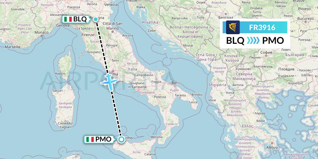 FR3916 Ryanair Flight Map: Bologna to Palermo